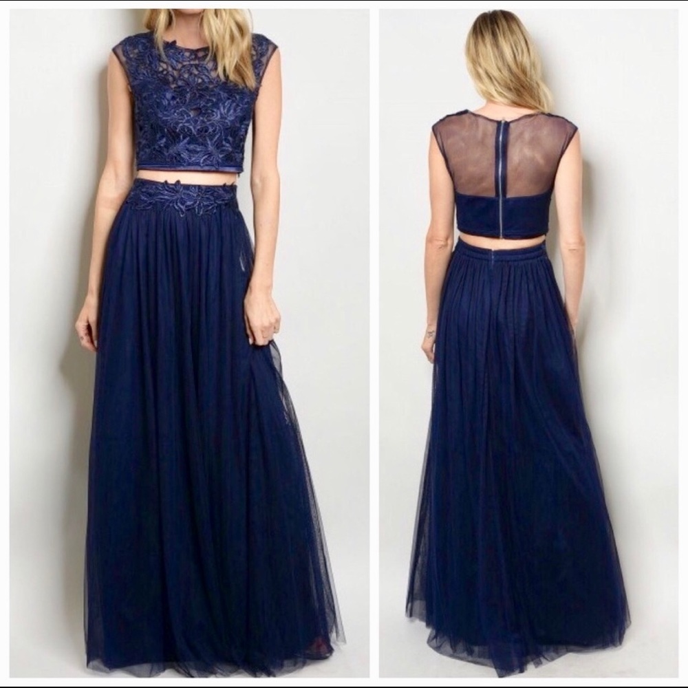Navy Blue Maxi Dress | Lace Two Piece Dress for Homecoming